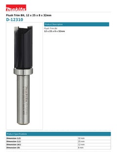 Makita D-12310 Flush Trim Router Bit 12mm x 8mm x 25mm x 32mm for Hardwood, Melamine, and Veneered Plywood